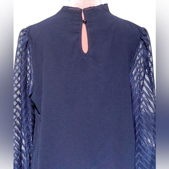 SHEIN NEW FRENCHY FRILLED NECK FLOUNCE SLEEVE BLOUSE TOP NAVY BLUE LARGE - Picture 3 of 7